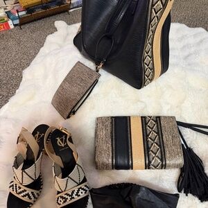 Tote purse, clutch, heels, and head band